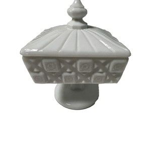 MILK GLASS FOOTED PEDESTAL  CANDY DISH BY WESTMORELAND OLD QUILT PATTERN